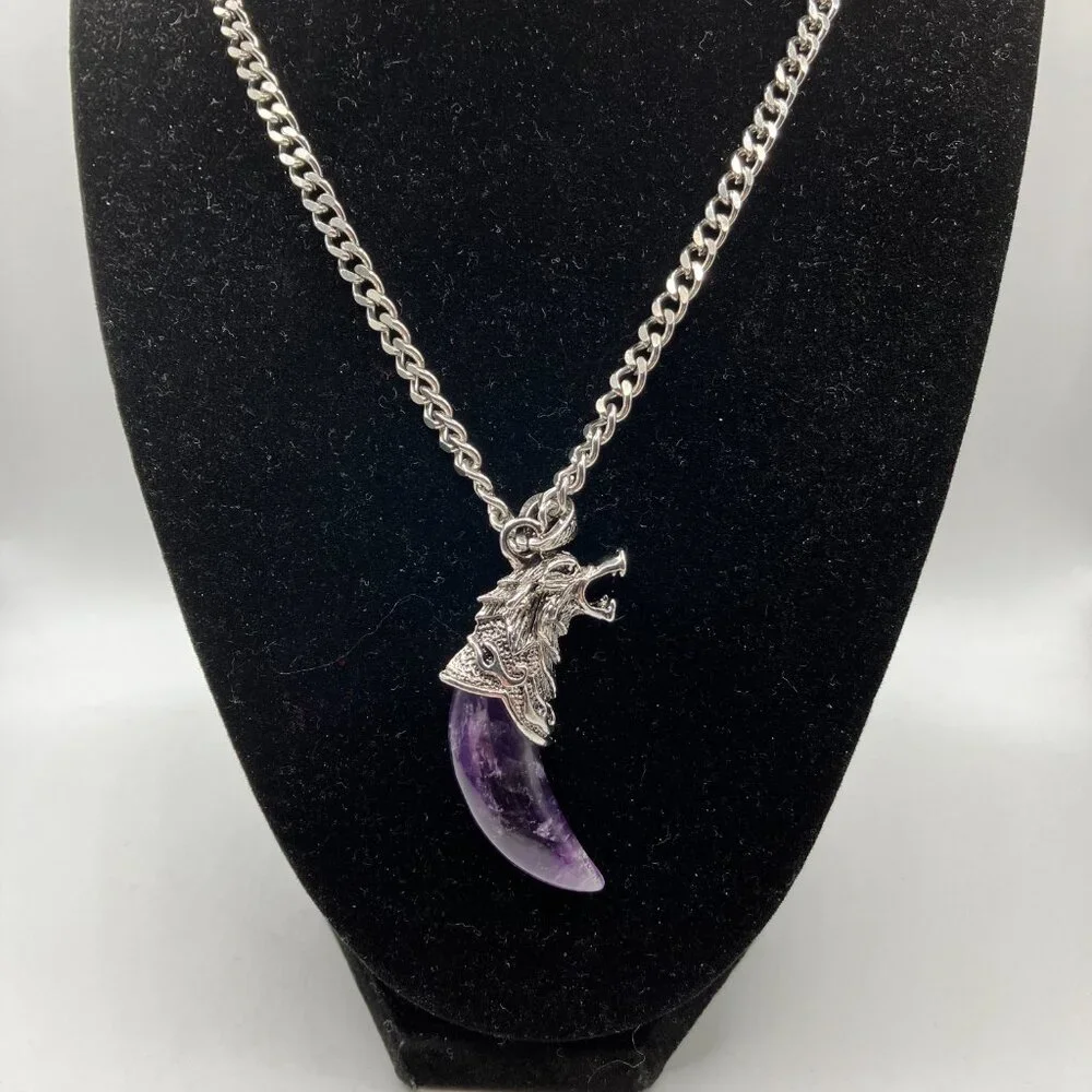 Amethyst Gemstone Tusk AND CHAIN Men's Chunky 20-inch Stainless Steel Chain